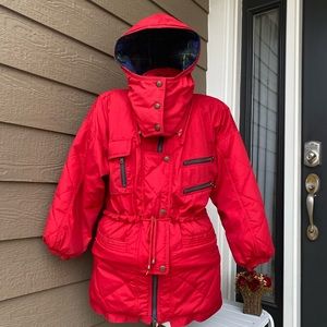 Womens Vtg 90s Express Athletique Red Down-Filled Parka Hooded Puffy Coat Zip